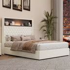 Full/Queen Size Velvet Tufted Platform Bed Frame with USB Port and Night Light, Wing-back Platform Bed with Rivet Decoration Headboard and Shelf