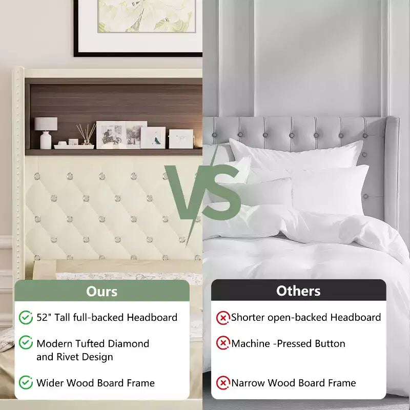 Full/Queen Size Velvet Tufted Platform Bed Frame with USB Port and Night Light, Wing-back Platform Bed with Rivet Decoration Headboard and Shelf