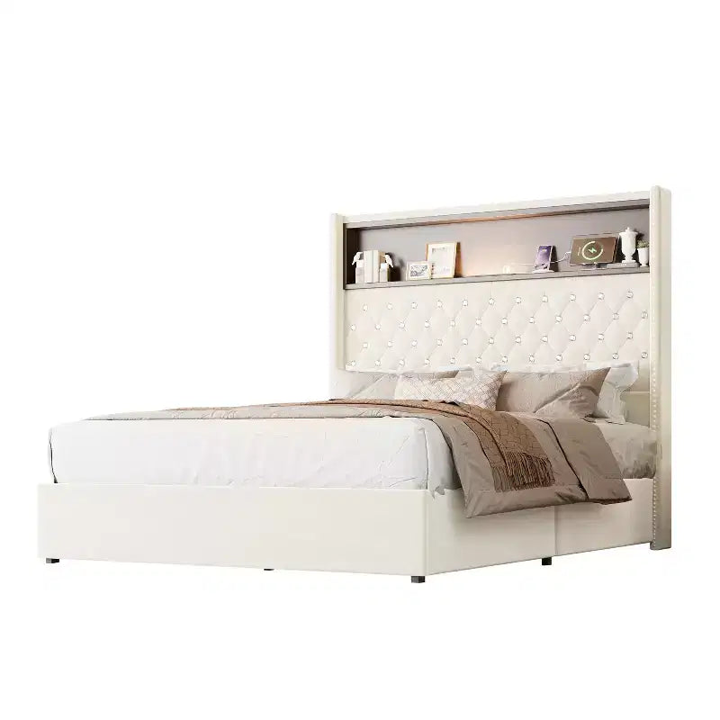 Full/Queen Size Velvet Tufted Platform Bed Frame with USB Port and Night Light, Wing-back Platform Bed with Rivet Decoration Headboard and Shelf