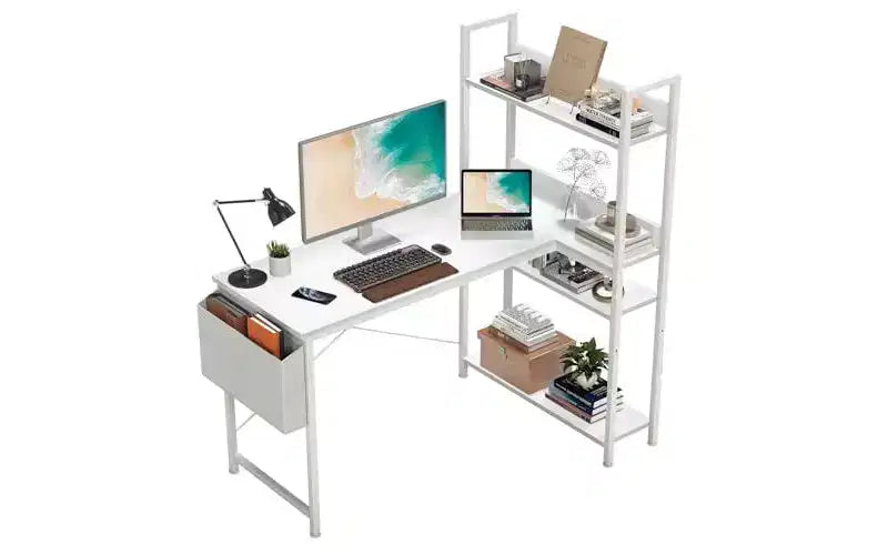 Okak Modern Reversible L-shaped Computer Desk with Standing Adjustable Bookshelf,Teens Student Storage Writing Desk for Study,Office