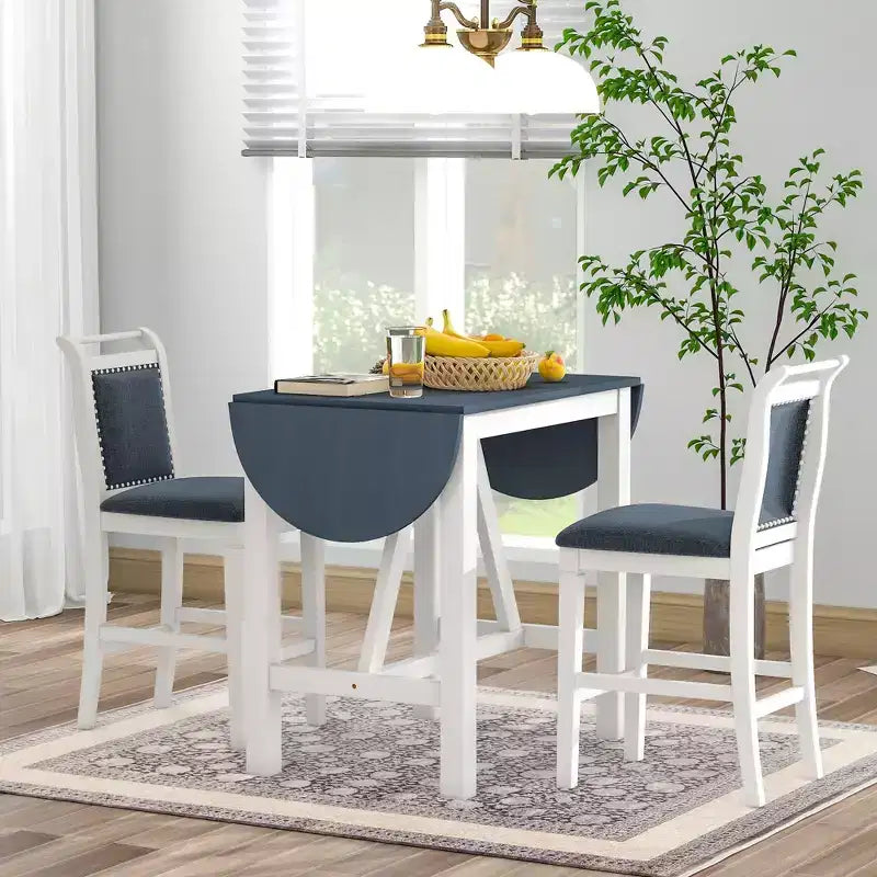 3 Piece Dining Set, Extendable Drop Flap Table with 2 Chairs, Space-Saving Sturdy Rubber Wood Kitchen Table Set for 2, Home Restaurant