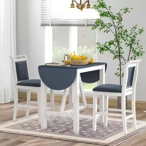 3 Piece Dining Set, Extendable Drop Flap Table with 2 Chairs, Space-Saving Sturdy Rubber Wood Kitchen Table Set for 2, Home Restaurant