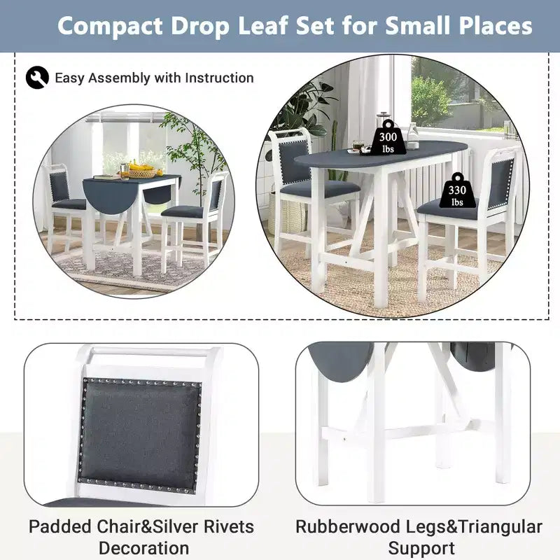 3 Piece Dining Set, Extendable Drop Flap Table with 2 Chairs, Space-Saving Sturdy Rubber Wood Kitchen Table Set for 2, Home Restaurant