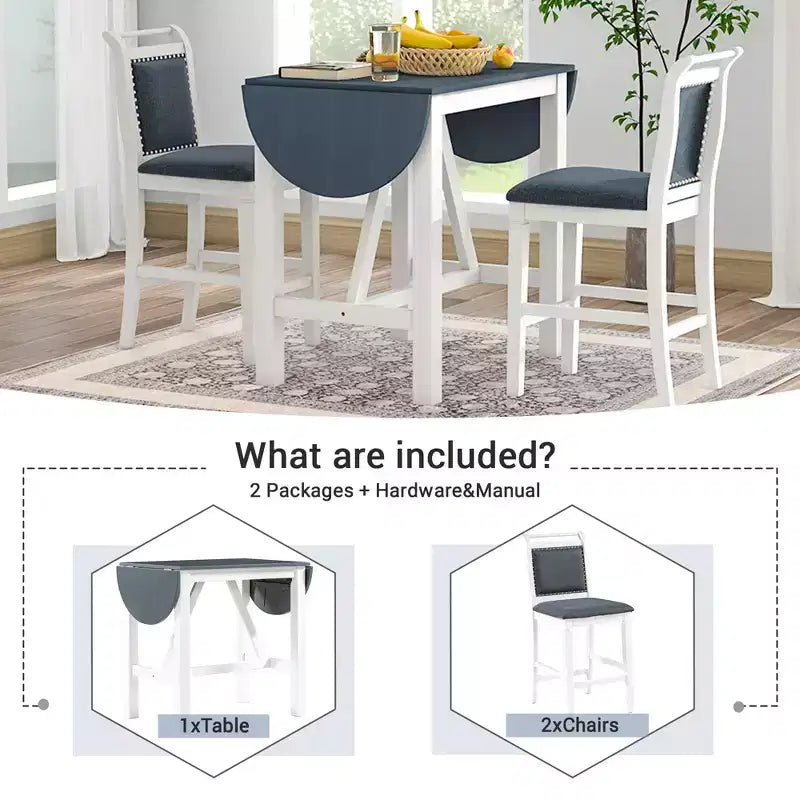 3 Piece Dining Set, Extendable Drop Flap Table with 2 Chairs, Space-Saving Sturdy Rubber Wood Kitchen Table Set for 2, Home Restaurant