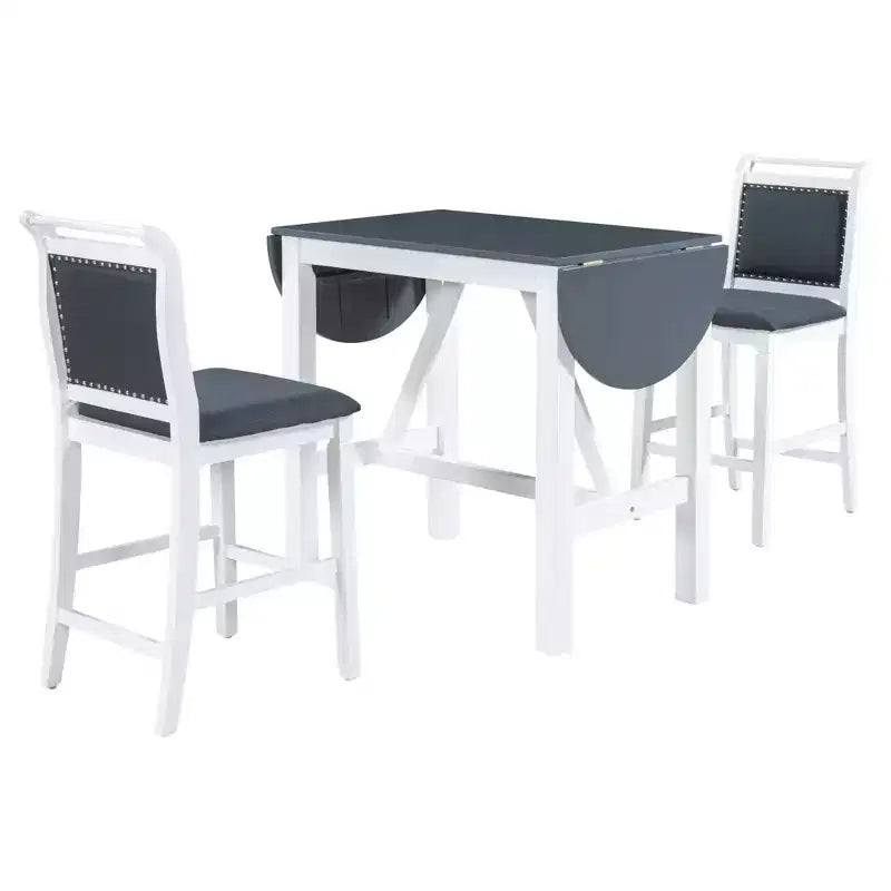 3 Piece Dining Set, Extendable Drop Flap Table with 2 Chairs, Space-Saving Sturdy Rubber Wood Kitchen Table Set for 2, Home Restaurant