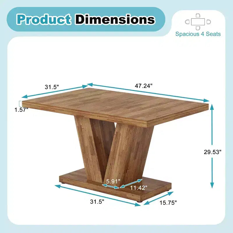 TUYOHW Tavolo da pranzo da fattoria per 4-6 persone, tavolo da cucina rettangolare con piano spesso 4 cm e supporto triangolare, 120 cm L, noce+marrone