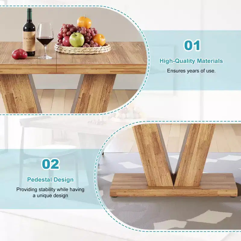 TUYOHW Tavolo da pranzo da fattoria per 4-6 persone, tavolo da cucina rettangolare con piano spesso 4 cm e supporto triangolare, 120 cm L, noce+marrone