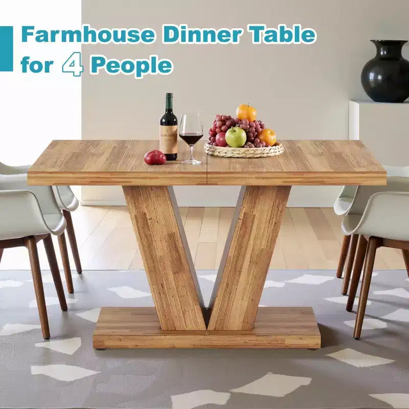 TUYOHW Tavolo da pranzo da fattoria per 4-6 persone, tavolo da cucina rettangolare con piano spesso 4 cm e supporto triangolare, 120 cm L, noce+marrone