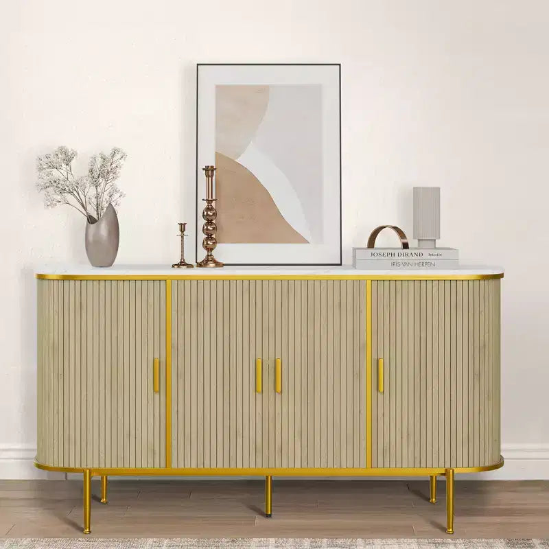 59 Inch Mid-Century Modern Sideboard Buffet Cabinet, Fluted Storage Cabinet with Metal Legs, Console Table for Dining Room Living Room Entryway