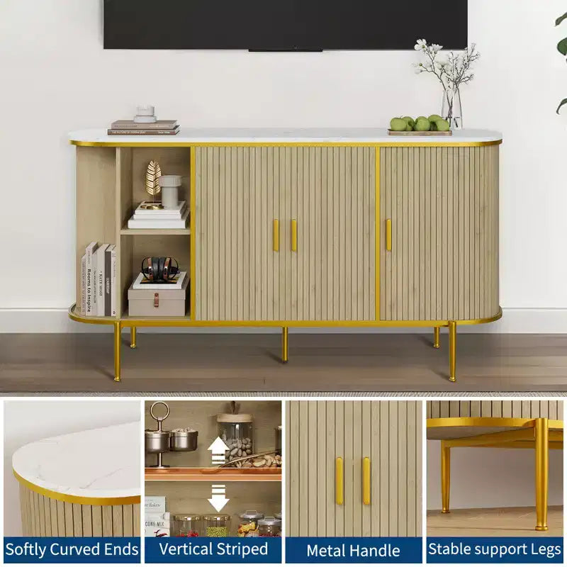 59 Inch Mid-Century Modern Sideboard Buffet Cabinet, Fluted Storage Cabinet with Metal Legs, Console Table for Dining Room Living Room Entryway