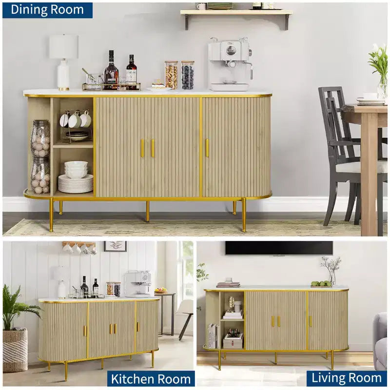 59 Inch Mid-Century Modern Sideboard Buffet Cabinet, Fluted Storage Cabinet with Metal Legs, Console Table for Dining Room Living Room Entryway