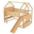 Bellemave - Letto a soppalco singolo per bambini con scivolo e libreria, struttura in legno massello con scaletta convertibile per bambini, letto a casetta