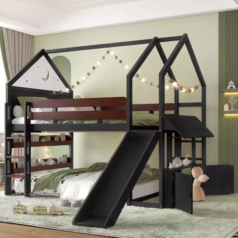 Bellemave Full Kids Loft Bed with Slide and Bookshelf,Solid Wood House Loft Bed Frame with Convertible Ladder for Kids,Playhouse