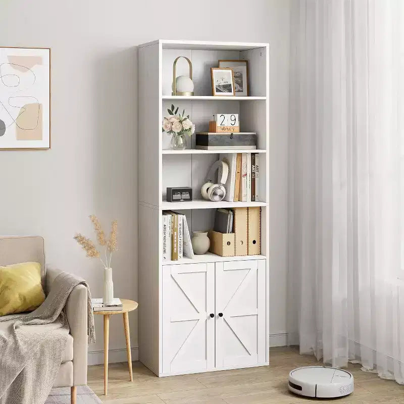 2 librerie a 6 ripiani alte 181 cm, stile rustico con 4 ante, per soggiorno e ufficio, facile da montare