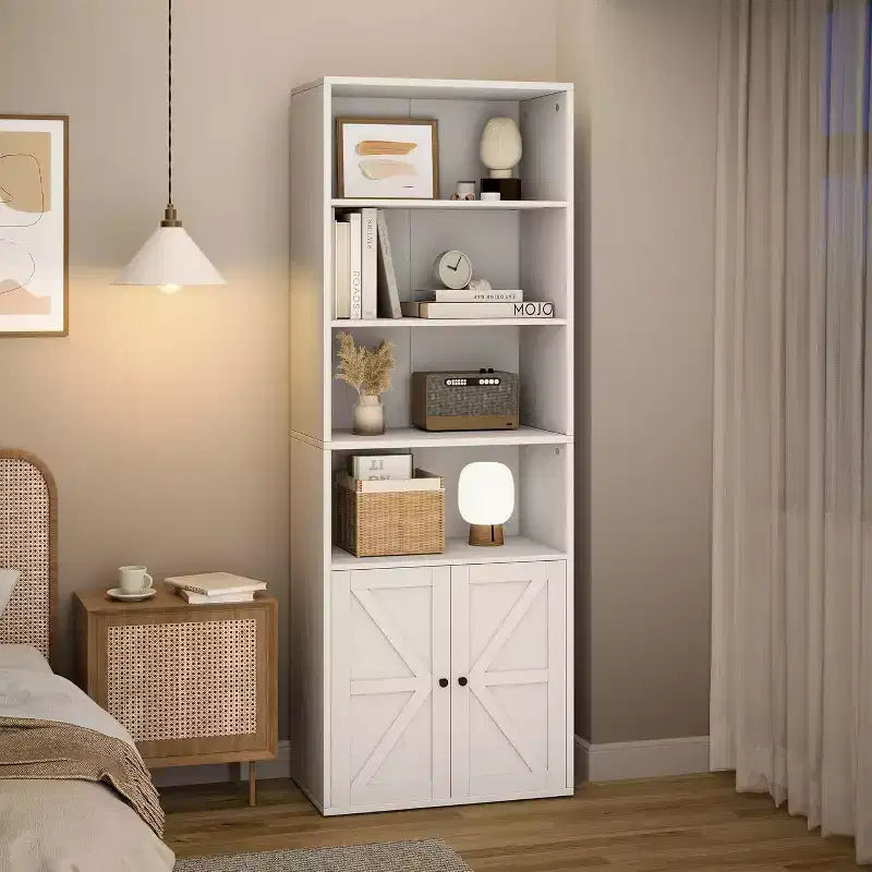 2 librerie a 6 ripiani alte 181 cm, stile rustico con 4 ante, per soggiorno e ufficio, facile da montare