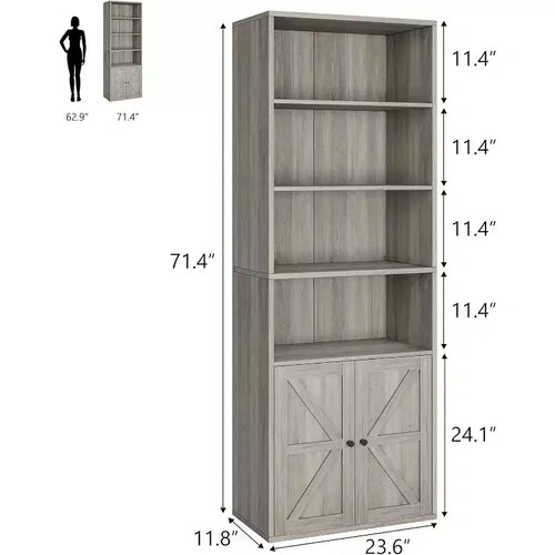 2pcs 71.4 Inch Tall 6-Shelf Bookcase, Farmhouse Style with 4 Doors, for Living Room and Home Office, Easy Assembly
