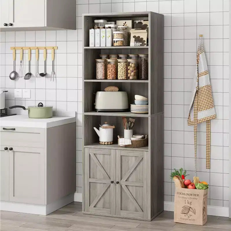2 librerie a 6 ripiani alte 181 cm, stile rustico con 4 ante, per soggiorno e ufficio, facile da montare