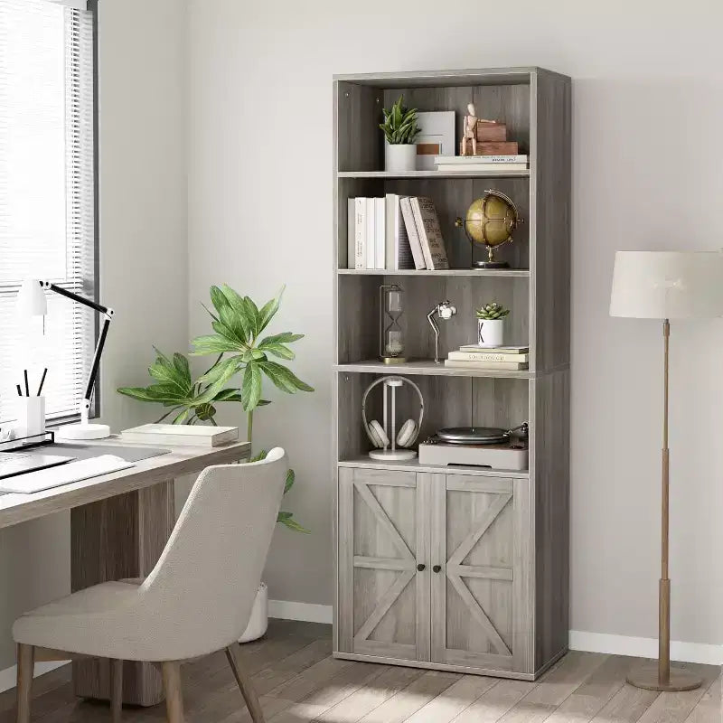 2 librerie a 6 ripiani alte 181 cm, stile rustico con 4 ante, per soggiorno e ufficio, facile da montare