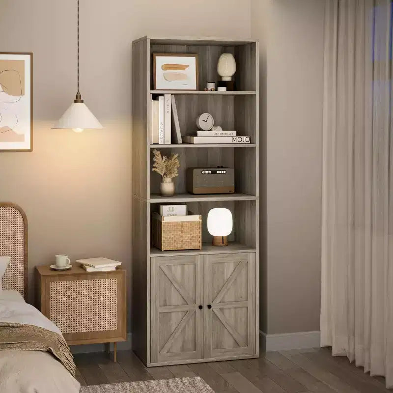 2 librerie a 6 ripiani alte 181 cm, stile rustico con 4 ante, per soggiorno e ufficio, facile da montare