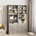 2pcs 71.4 Inch Tall 6-Shelf Bookcase, Farmhouse Style with 4 Doors, for Living Room and Home Office, Easy Assembly