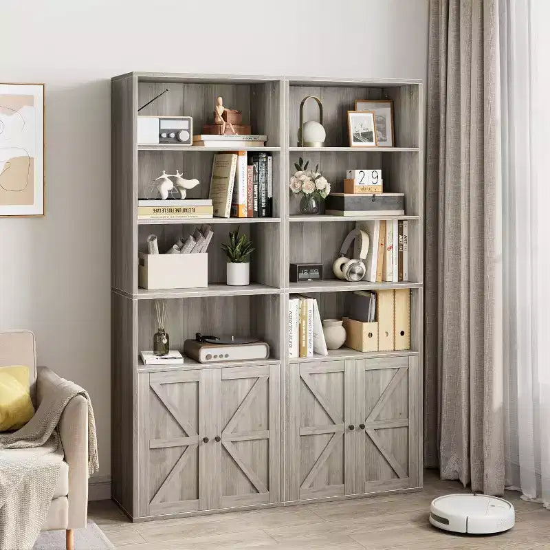 2pcs 71.4 Inch Tall 6-Shelf Bookcase, Farmhouse Style with 4 Doors, for Living Room and Home Office, Easy Assembly