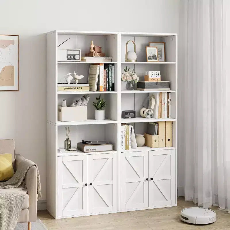 2pcs 71.4 Inch Tall 6-Shelf Bookcase, Farmhouse Style with 4 Doors, for Living Room and Home Office, Easy Assembly