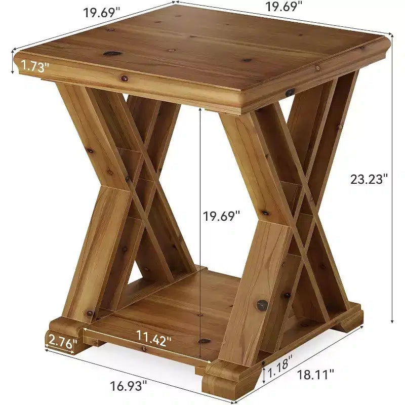 Tavolino Lantine in legno massello, piccolo tavolino quadrato, comodino rustico a 2 ripiani per soggiorno, comodino, divano, camera da letto, piccoli spazi, marrone