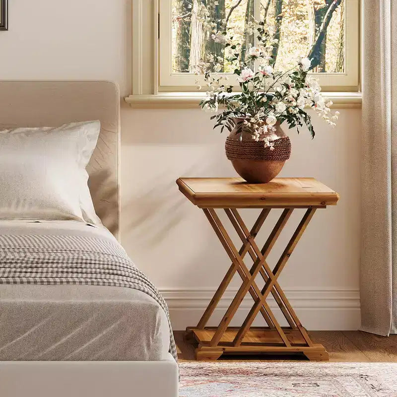 Tavolino Lantine in legno massello, piccolo tavolino quadrato, comodino rustico a 2 ripiani per soggiorno, comodino, divano, camera da letto, piccoli spazi, marrone