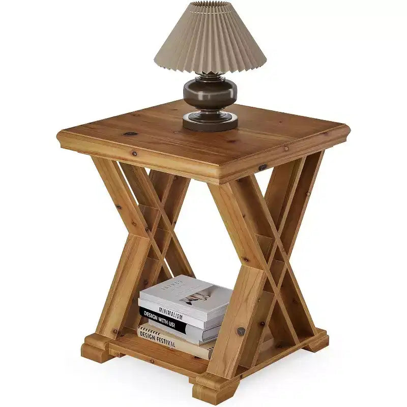 Tavolino Lantine in legno massello, piccolo tavolino quadrato, comodino rustico a 2 ripiani per soggiorno, comodino, divano, camera da letto, piccoli spazi, marrone