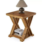 Tavolino Lantine in legno massello, piccolo tavolino quadrato, comodino rustico a 2 ripiani per soggiorno, comodino, divano, camera da letto, piccoli spazi, marrone