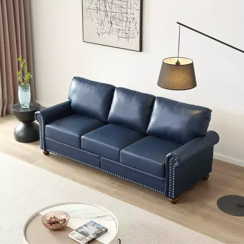 MAYEERTY 2 Pieces Sectional Faux Leather Sofa with Storage Silver Nails for Living Room Navy Blue