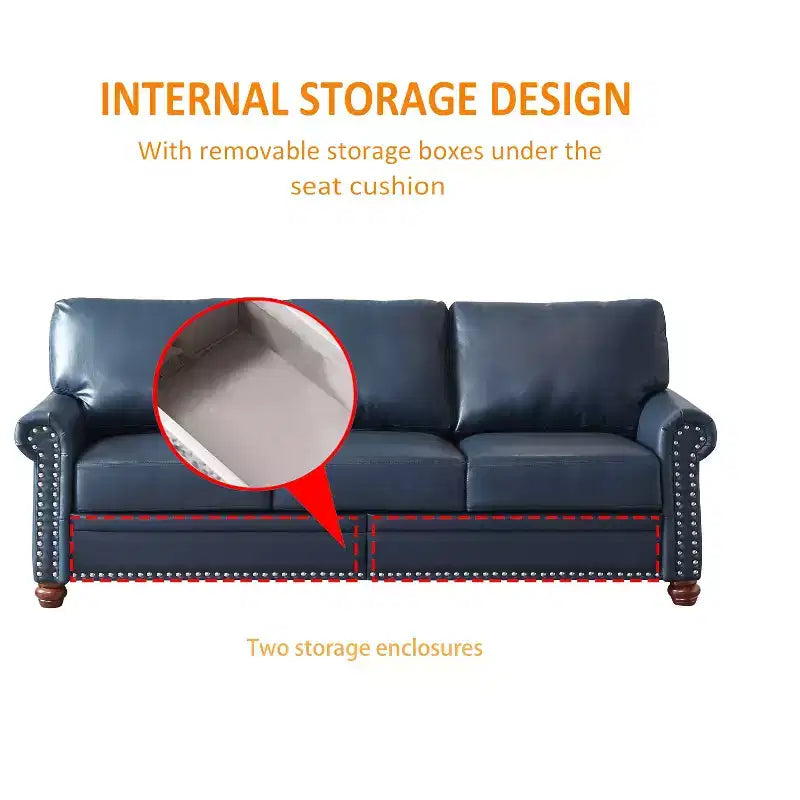 MAYEERTY 2 Pieces Sectional Faux Leather Sofa with Storage Silver Nails for Living Room Navy Blue