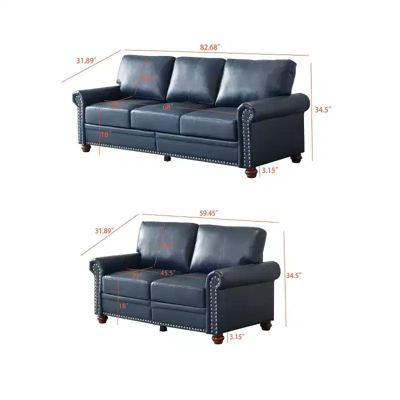 MAYEERTY 2 Pieces Sectional Faux Leather Sofa with Storage Silver Nails for Living Room Navy Blue