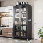 67.3 Kitchen Pantry Storage Cabinet with Acrylic Glass Door, Adjustable Shelves & Wheels,Metal Tall Food Pantries Cabinets,for Kitchen