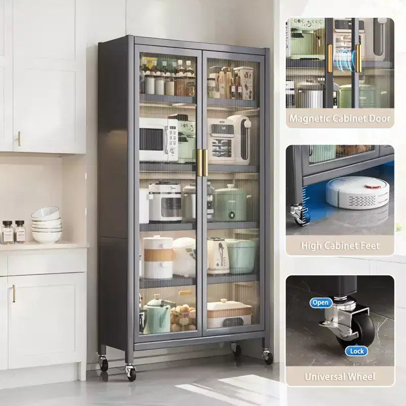 67.3 Kitchen Pantry Storage Cabinet with Acrylic Glass Door, Adjustable Shelves & Wheels,Metal Tall Food Pantries Cabinets,for Kitchen