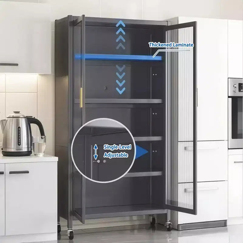 67.3 Kitchen Pantry Storage Cabinet with Acrylic Glass Door, Adjustable Shelves & Wheels,Metal Tall Food Pantries Cabinets,for Kitchen