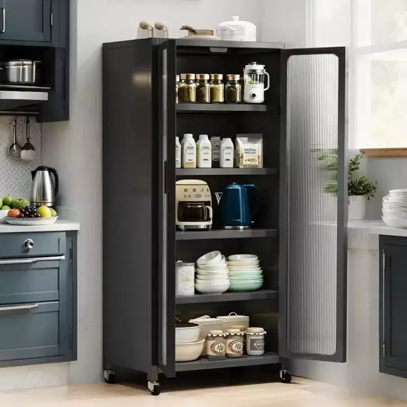 67.3 Kitchen Pantry Storage Cabinet with Acrylic Glass Door, Adjustable Shelves & Wheels,Metal Tall Food Pantries Cabinets,for Kitchen