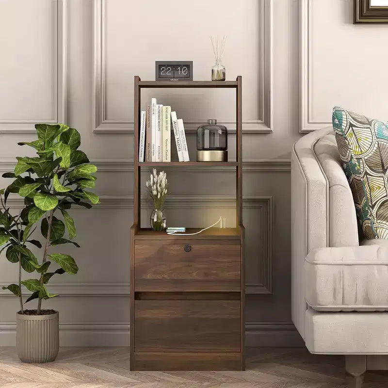 JVNOXK15-inch charging station bedside table, smart nightstand with bookshelf, storage compartment, lockable feature, lockable wood finish