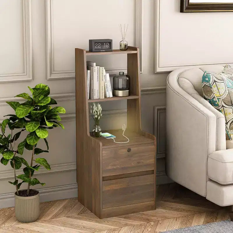 JVNOXK15-inch charging station bedside table, smart nightstand with bookshelf, storage compartment, lockable feature, lockable wood finish
