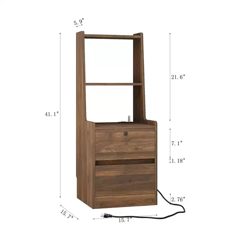 JVNOXK15-inch charging station bedside table, smart nightstand with bookshelf, storage compartment, lockable feature, lockable wood finish