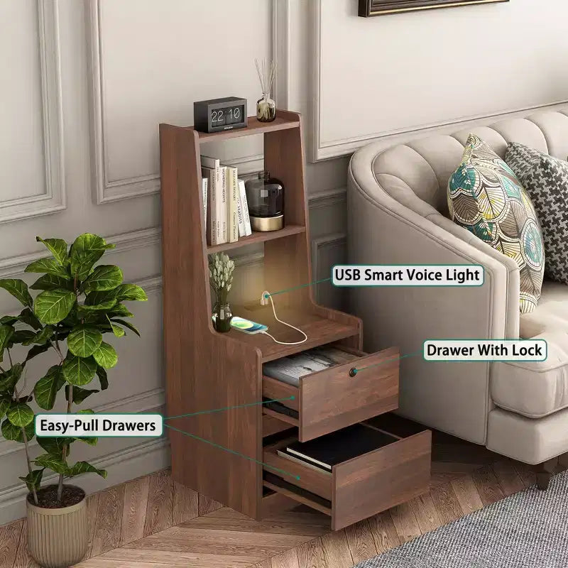 JVNOXK15-inch charging station bedside table, smart nightstand with bookshelf, storage compartment, lockable feature, lockable wood finish