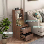 JVNOXK15-inch charging station bedside table, smart nightstand with bookshelf, storage compartment, lockable feature, lockable wood finish