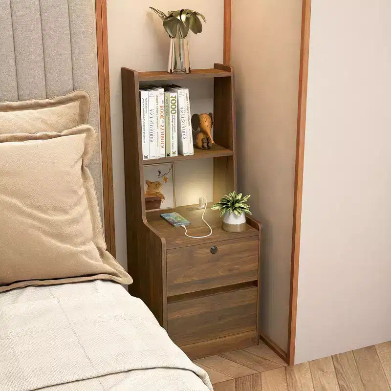 JVNOXK15-inch charging station bedside table, smart nightstand with bookshelf, storage compartment, lockable feature, lockable wood finish