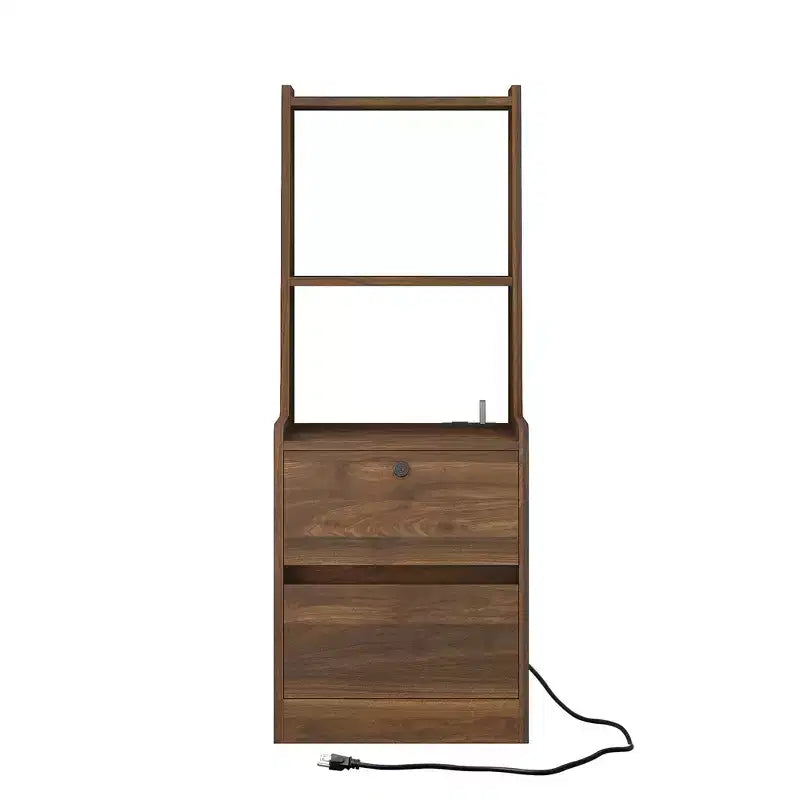 JVNOXK15-inch charging station bedside table, smart nightstand with bookshelf, storage compartment, lockable feature, lockable wood finish