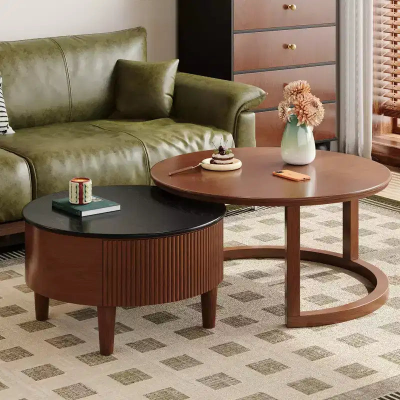 Tavolino rotondo impilabile, stile retrò con scanalature e cassetto, per camera da letto, soggiorno, sala da pranzo