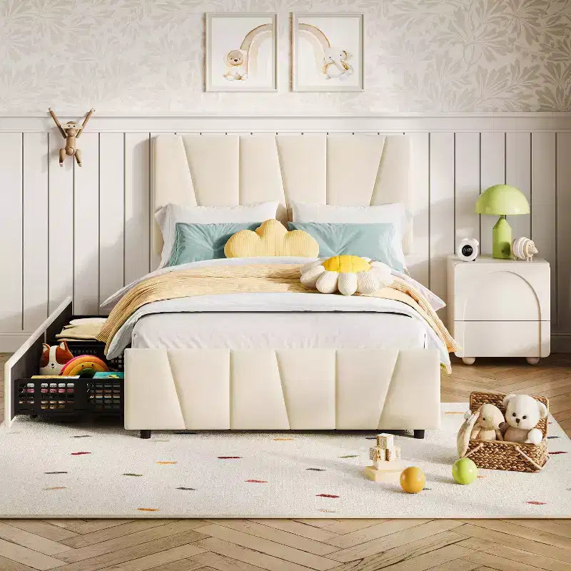COZONY Twin Size Bed Frame with Adjustable Headboard & 2 Storage Drawers, Velvet Upholstered Tufted Platform Bed, No Box Spring Needed, Beige