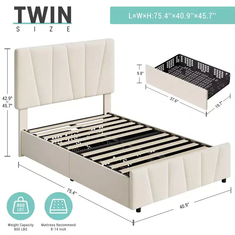 COZONY Letto Matrimoniale Francese con Testiera Regolabile e 2 Cassetti Contenitori, Letto a Piattaforma Imbottito in Velluto Trapuntato, Nessuna Rete a Molle Necessaria, Beige