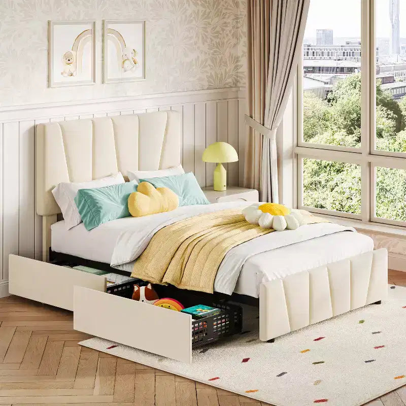 COZONY Letto Matrimoniale Francese con Testiera Regolabile e 2 Cassetti Contenitori, Letto a Piattaforma Imbottito in Velluto Trapuntato, Nessuna Rete a Molle Necessaria, Beige