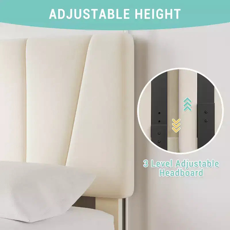 COZONY Letto Matrimoniale Francese con Testiera Regolabile e 2 Cassetti Contenitori, Letto a Piattaforma Imbottito in Velluto Trapuntato, Nessuna Rete a Molle Necessaria, Beige