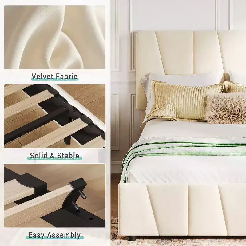 COZONY Letto Matrimoniale Francese con Testiera Regolabile e 2 Cassetti Contenitori, Letto a Piattaforma Imbottito in Velluto Trapuntato, Nessuna Rete a Molle Necessaria, Beige